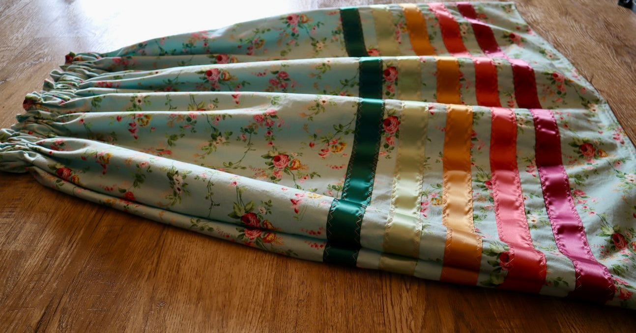 Handmade Ceremony, Casual Ribbon Skirt: Earth Tone Ombre, Light Turquoise Floral Print, Custom Waist *up to 50 inches* (enter desired sizes waist size “inches” or Dress/Pants size in order notes)