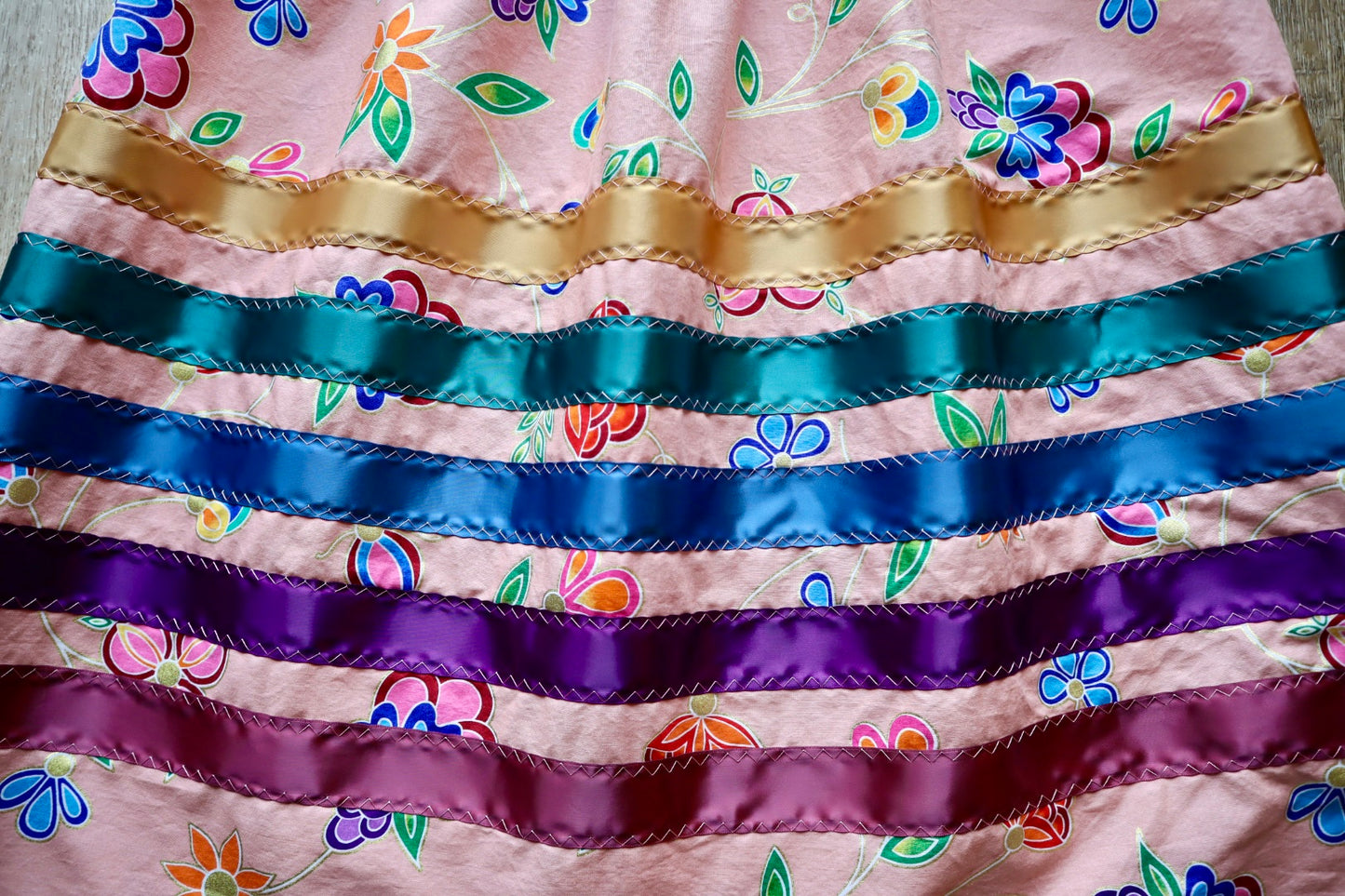 Handmade Ceremony, Casual Ribbon Skirt: Jewel Tones, Pink Indigenous Floral Print, Custom Waist *up to 50 inches* (enter desired sizes waist size “inches” or Dress/Pants size in order notes)