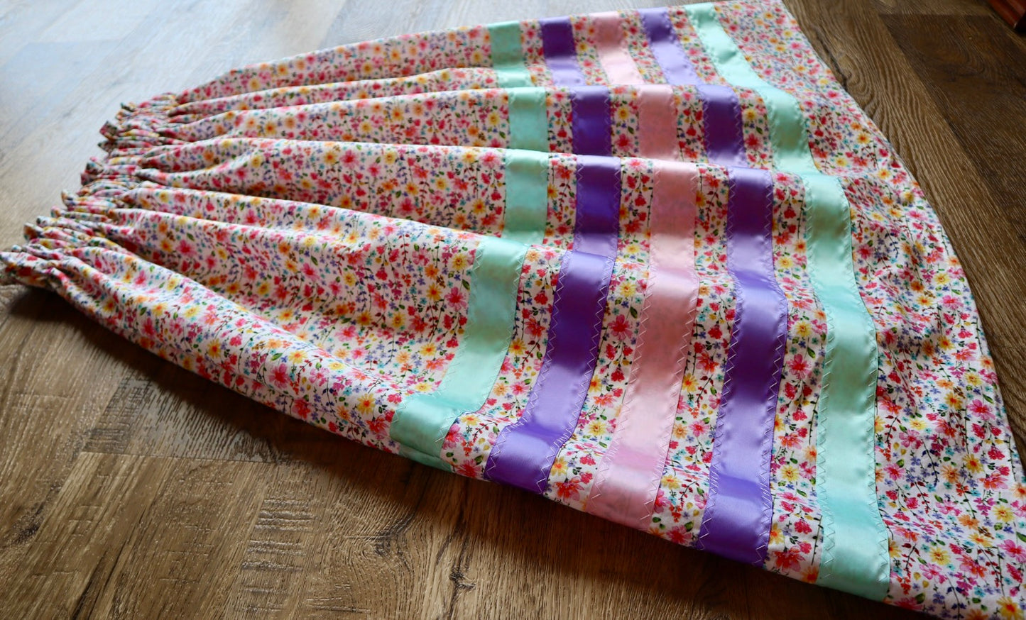 Handmade Ceremony, Casual Ribbon Skirt: Pastel Tones, Ivory and Pink Floral Print, Custom Waist *up to 50 inches* (enter desired sizes waist size “inches” or Dress/Pants size in order notes)