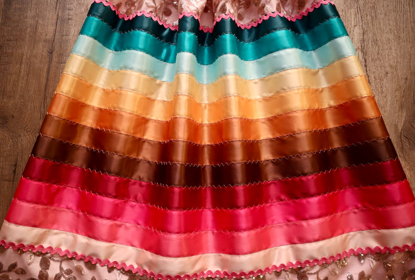 Couture Stacked Ribbon Skirt Pockets Womens Sequin Floral Lace Turquoise Pink Tone Ombre RicRac Cotton OOAK Indigenous HandMade *up to 50 inches* (enter desired sizes waist size “inches” or Dress/Pants size in order notes)