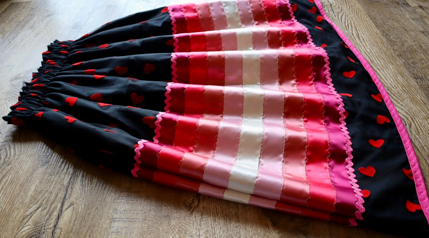 Couture Stacked Ribbon Skirt Pockets Womens Black Heart Lace Pink Tone Ombre RicRac Cotton OOAK Indigenous HandMade *up to 50 inches* (enter desired sizes waist size “inches” or Dress/Pants size in order notes)
