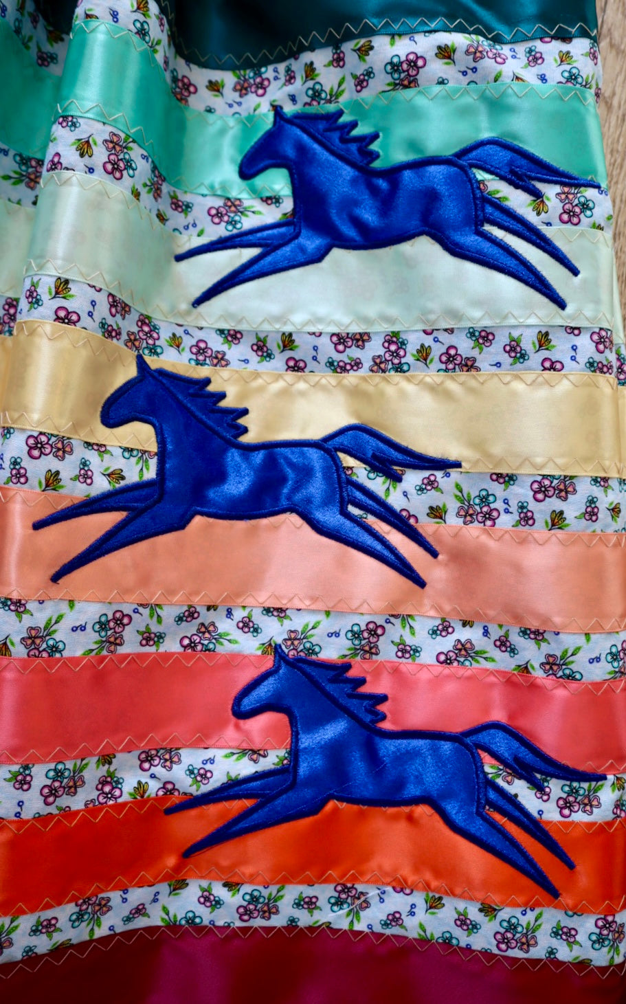 Couture Embroidered Pony Ribbon Skirt Pockets Womens Blue Floral Premium Cotton Fire Water Colours OOAK Indigenous HandMade *up to 50 inches* (enter desired sizes waist size “inches” or Dress/Pants size in order notes)