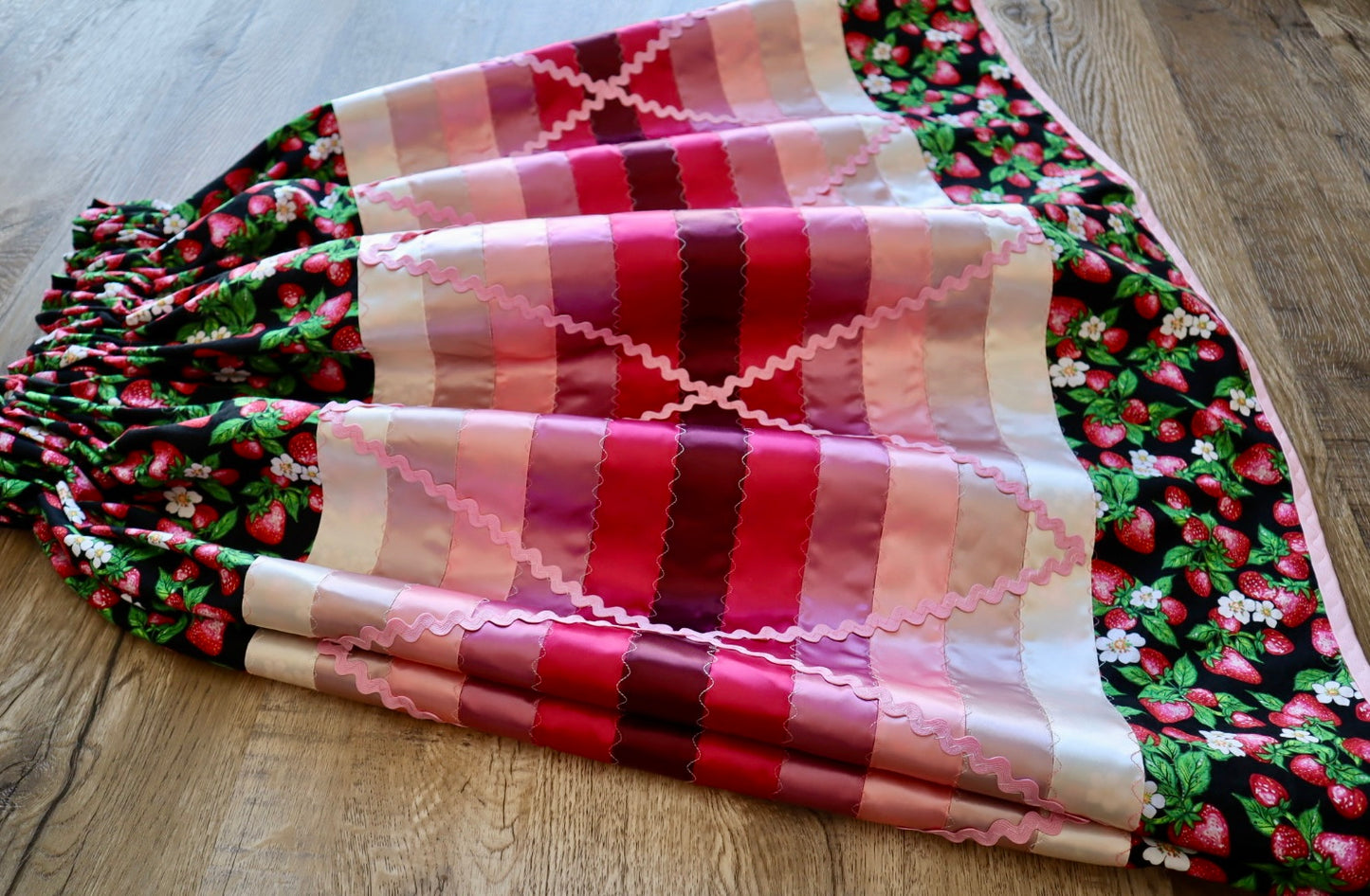 Couture Stacked Ribbon Pocket Womens RicRac Black Strawberry Floral Print Premium Cotton Cream Ombre OOAK Indigenous HandMade CustomWaist *up to 50 inches* (enter desired sizes waist size “inches” or Dress/Pants size in order notes)