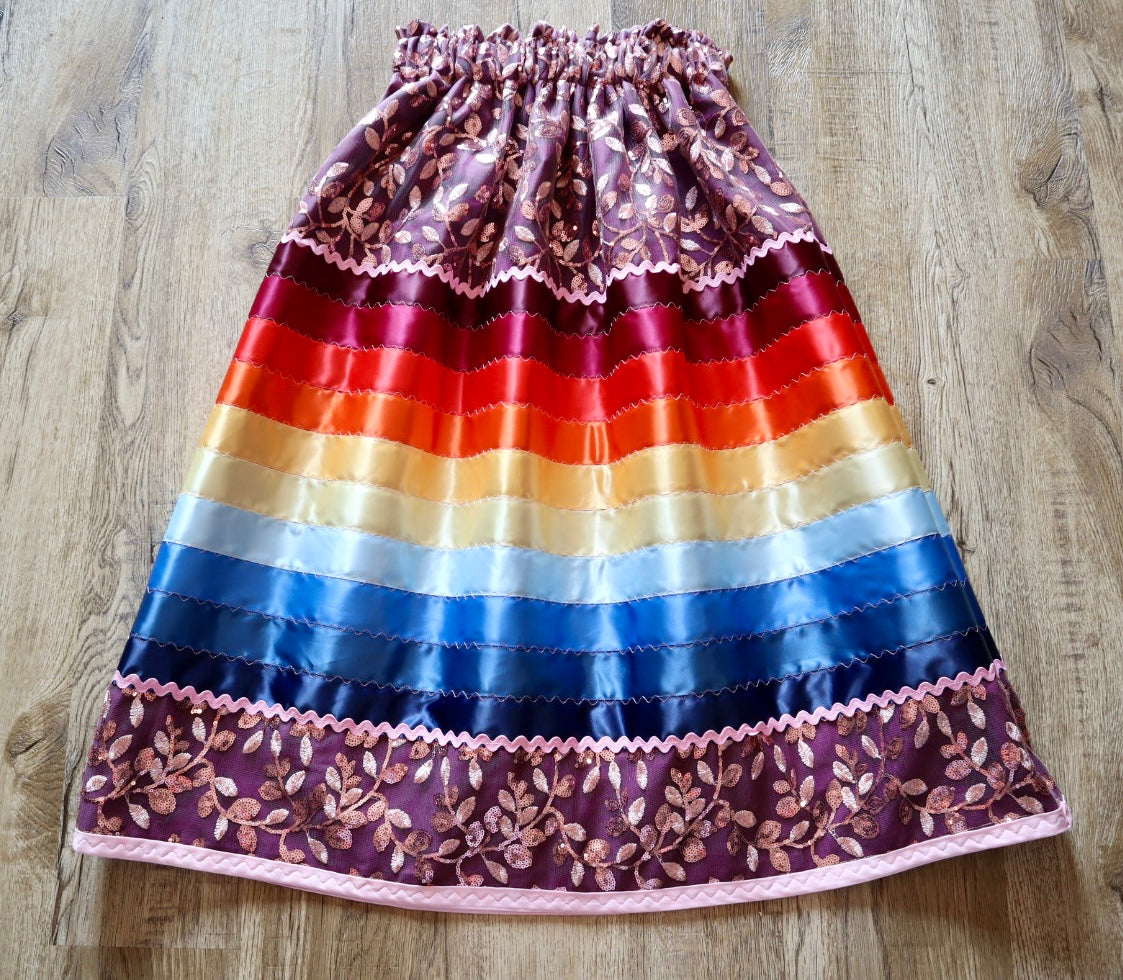 Couture Stacked Ribbon Skirt Pockets Womens Pink Lace Fire Water Tone Ombre RicRac Cotton OOAK Indigenous HandMade *up to 50 inches* (enter desired sizes waist size “inches” or Dress/Pants size in order notes)