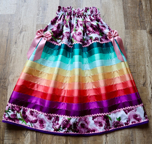 Couture Stacked Ribbon Skirt Pockets Womens Purple Floral Rainbow Ombre Ric Rac Premium Cotton Bows Miscellaneous OOAK Indigenous HandMade *up to 50 inches* (enter desired sizes waist size “inches” or Dress/Pants size in order notes)