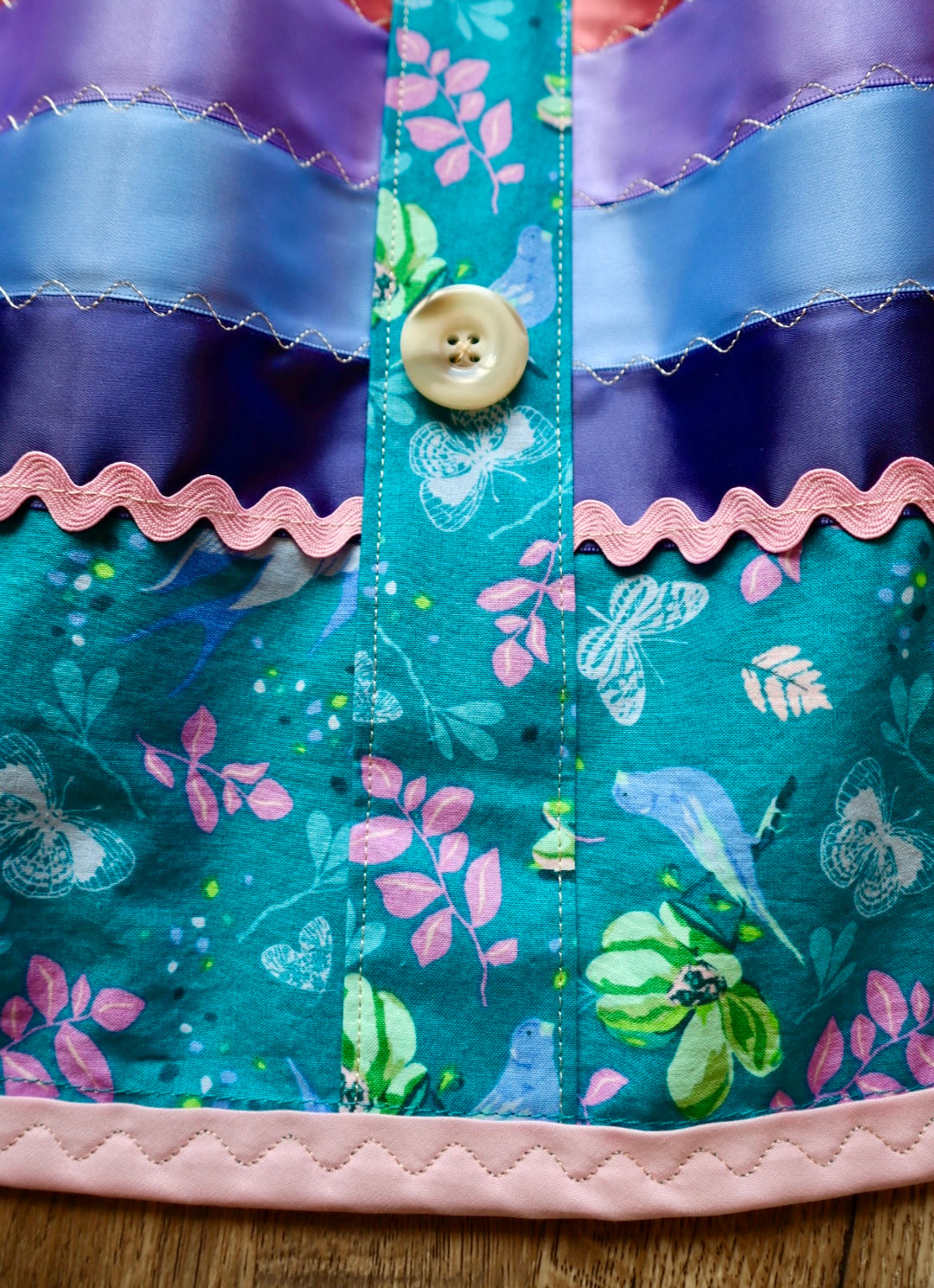 Couture Ribbon Skirt: Teal Butterfly Floral Print Cotton with Buttons *up to 50 inches* (enter desired sizes waist size “inches” or Dress/Pants size in order notes)