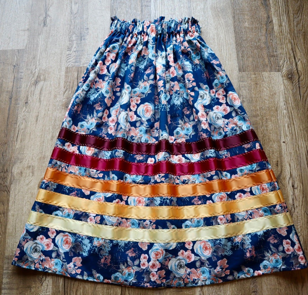 Handmade Ceremony, Casual Ribbon Skirt: Maroon to Gold Ombre, Blue Rose Floral Print, Custom Waist *up to 50 inches* (enter desired sizes waist size “inches” or Dress/Pants size in order notes)