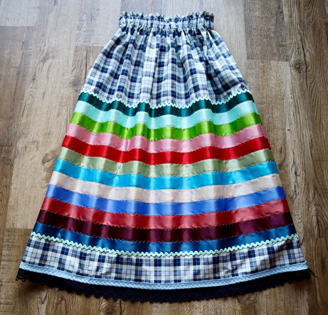 Couture Stacked Ribbon Skirt Pockets Womens Ivory and Blue Plaid Miscellaneous Ric Rac Cotton OOAK Indigenous HandMade *up to 50 inches* (enter desired sizes waist size “inches” or Dress/Pants size in order notes)