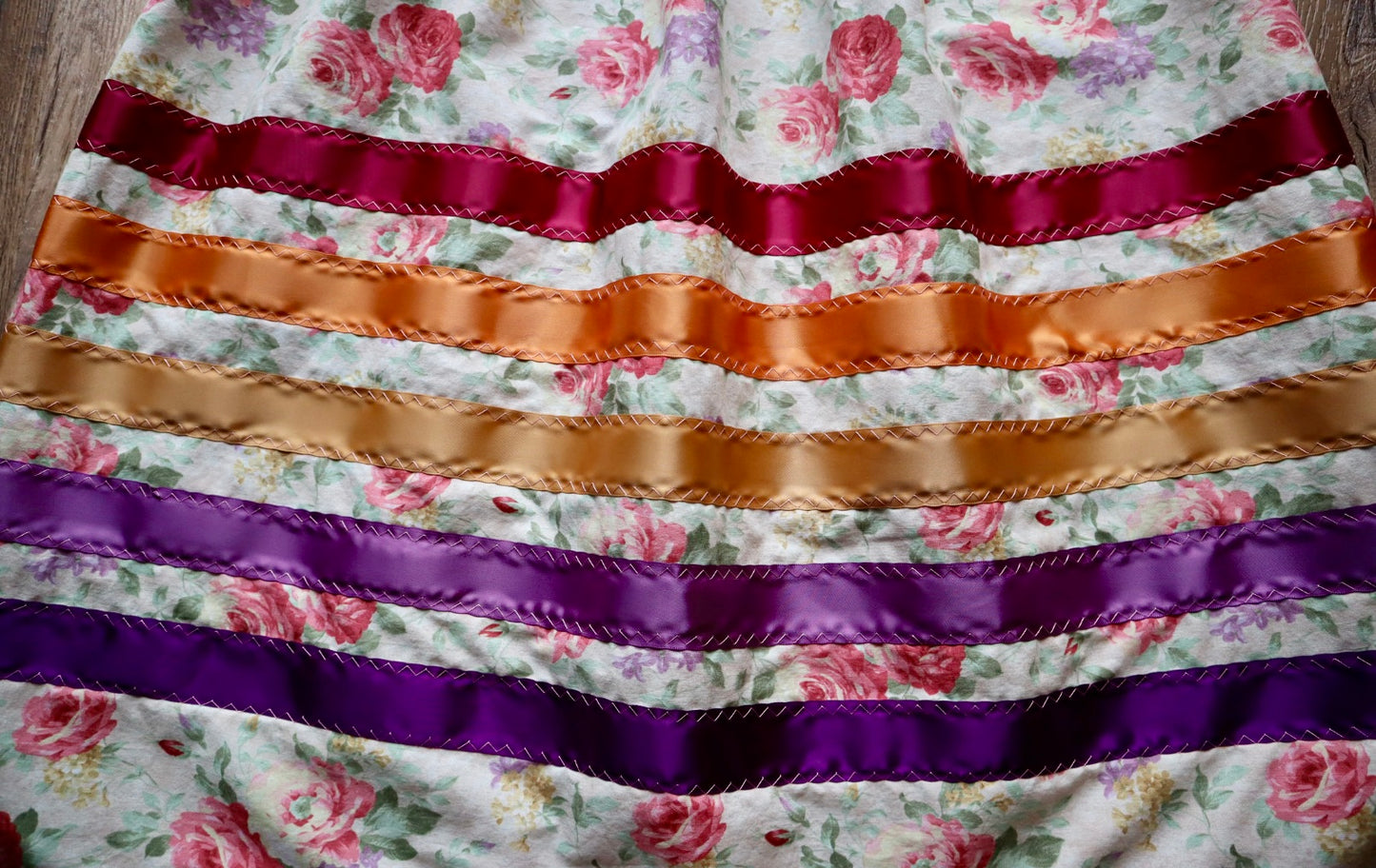 Handmade Ceremony, Casual Ribbon Skirt: Amethyst to Maroon Ombre, Cream Rose Floral Print, Custom Waist *up to 50 inches* (enter desired sizes waist size “inches” or Dress/Pants size in order notes)