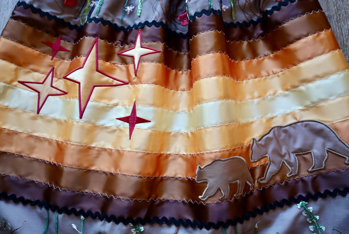 Couture Embroidered Stacked Stars, Mama Bear and Cub Ribbon Skirt Pockets Womens Black Lace Brown to Gold Ombre OOAK Indigenous HandMade *up to 50 inches* (enter desired sizes waist size “inches” or Dress/Pants size in order notes)