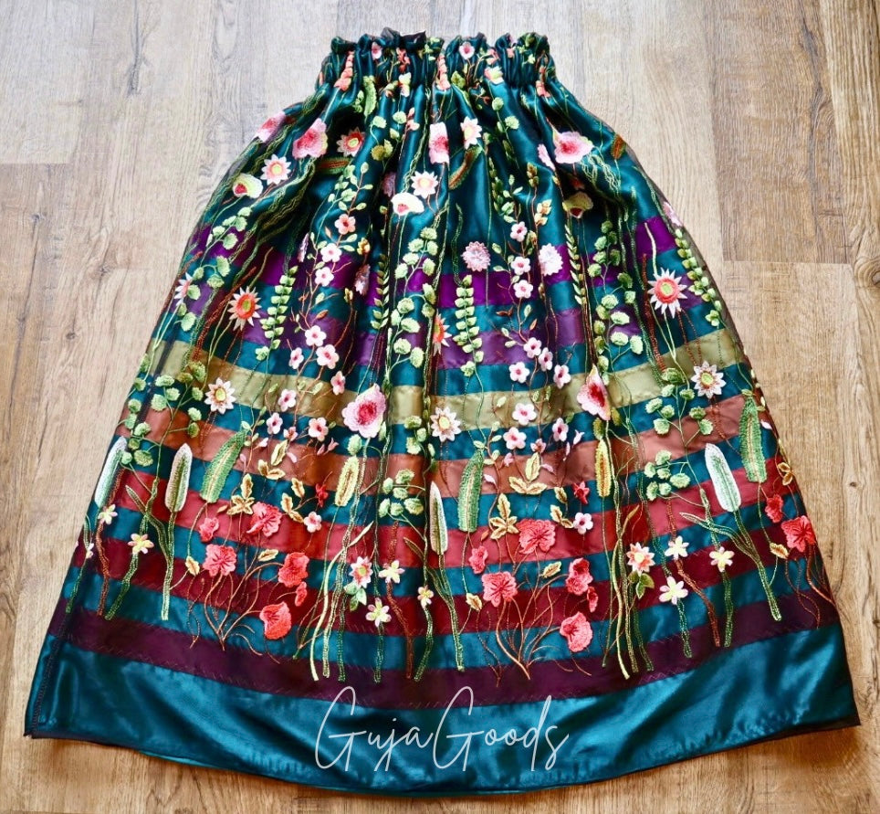 Couture Embroidered Black Floral Lace Ribbon Skirt, Handmade Turquoise Satin Overlay *up to 50 inches* (enter desired sizes waist size “inches” or Dress/Pants size in order notes)