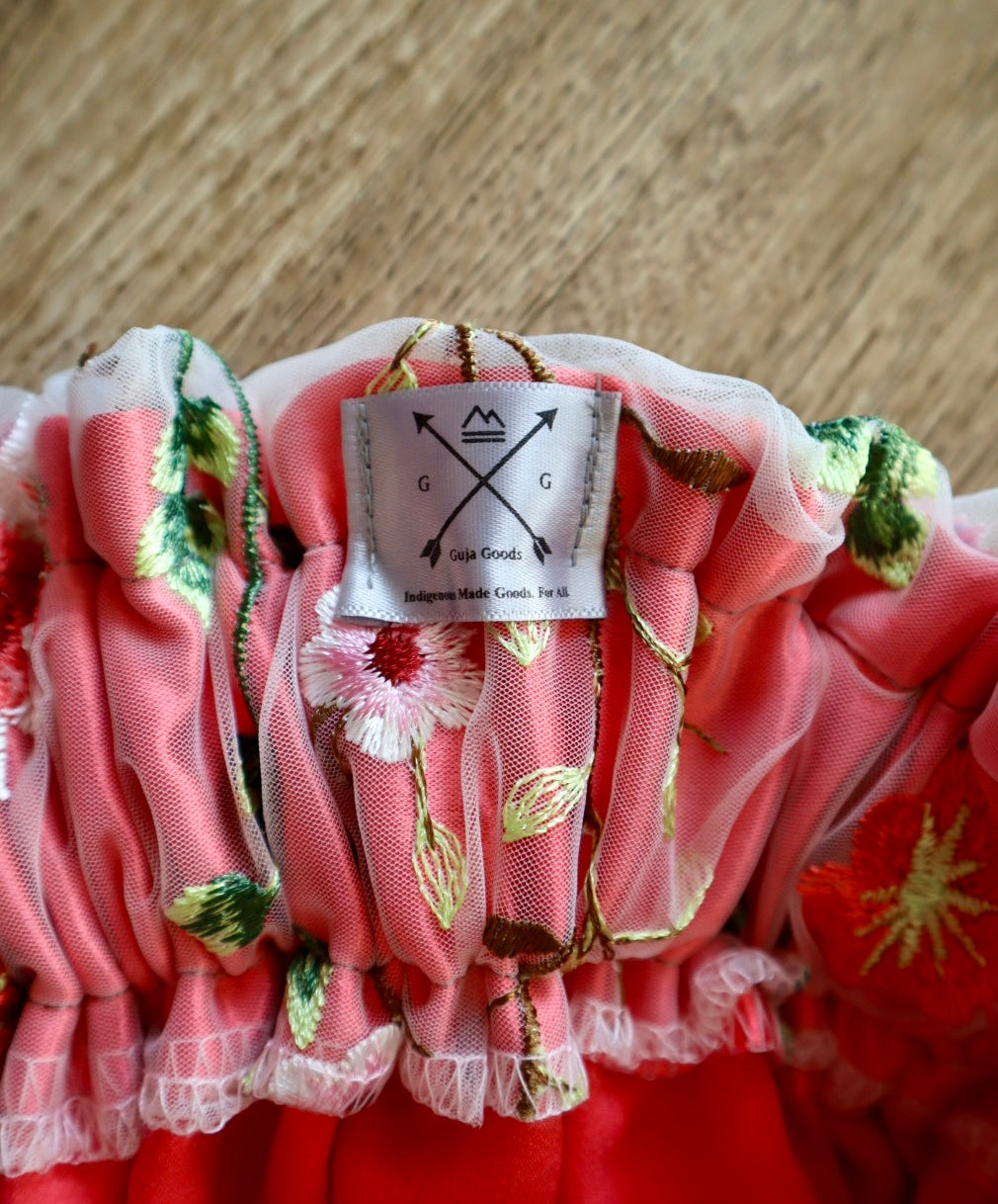 Couture Embroidered Floral Lace Ribbon Skirt, Handmade Coral Satin Overlay *up to 50 inches* (enter desired sizes waist size “inches” or Dress/Pants size in order notes)