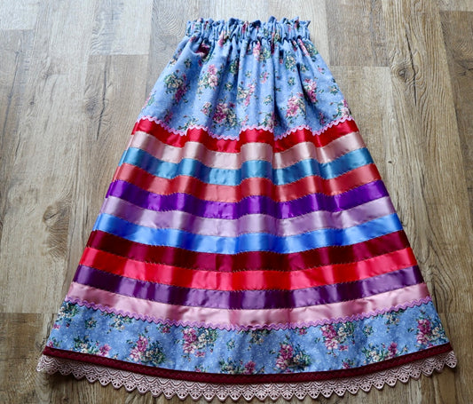 Couture Stacked Ribbon Skirt Pockets Womens Blue Floral Miscellaneous Ric Rac Cotton Miscellaneous OOAK Indigenous HandMade *up to 50 inches* (enter desired sizes waist size “inches” or Dress/Pants size in order notes)