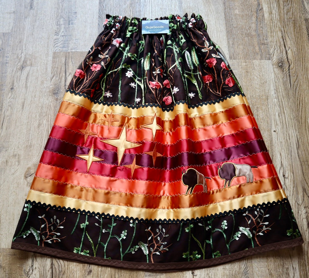 Couture Embroidered Stacked Stars & Bison Ribbon Skirt Pockets Womens Black Lace Gold Ombre OOAK Indigenous HandMade *up to 50 inches* (enter desired sizes waist size “inches” or Dress/Pants size in order notes)