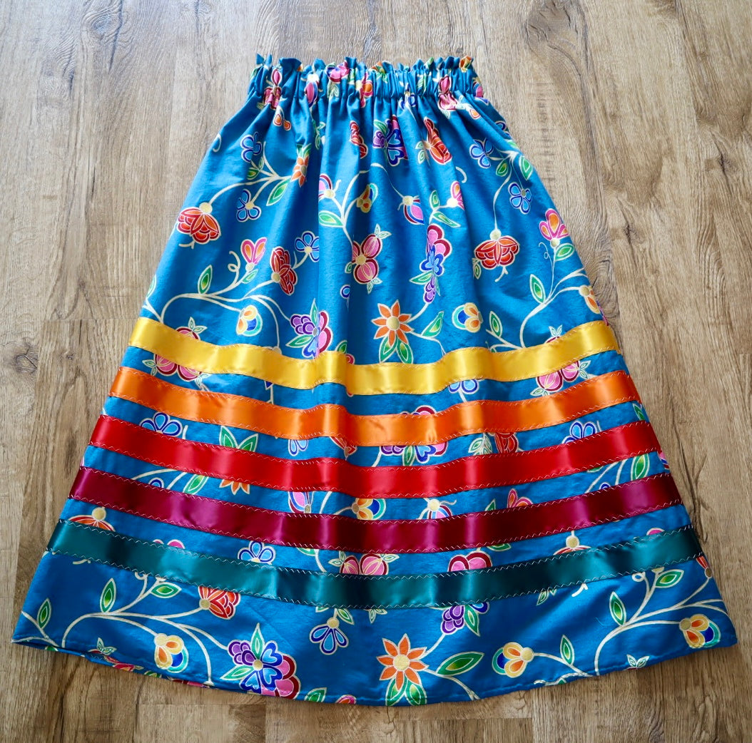 Handmade Ceremony, Casual Ribbon Skirt: Fire Tones, Blue Floral Print, Custom Waist *up to 50 inches* (enter desired sizes waist size “inches” or Dress/Pants size in order notes)
