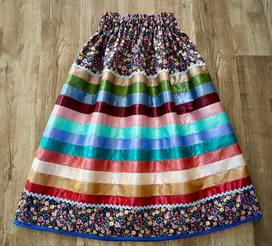 Couture Stacked Ribbon Skirt Pockets Womens Black Floral Miscellaneous Ric Rac Premium Cotton Miscellaneous OOAK Indigenous HandMade *up to 50 inches* (enter desired sizes waist size “inches” or Dress/Pants size in order notes)