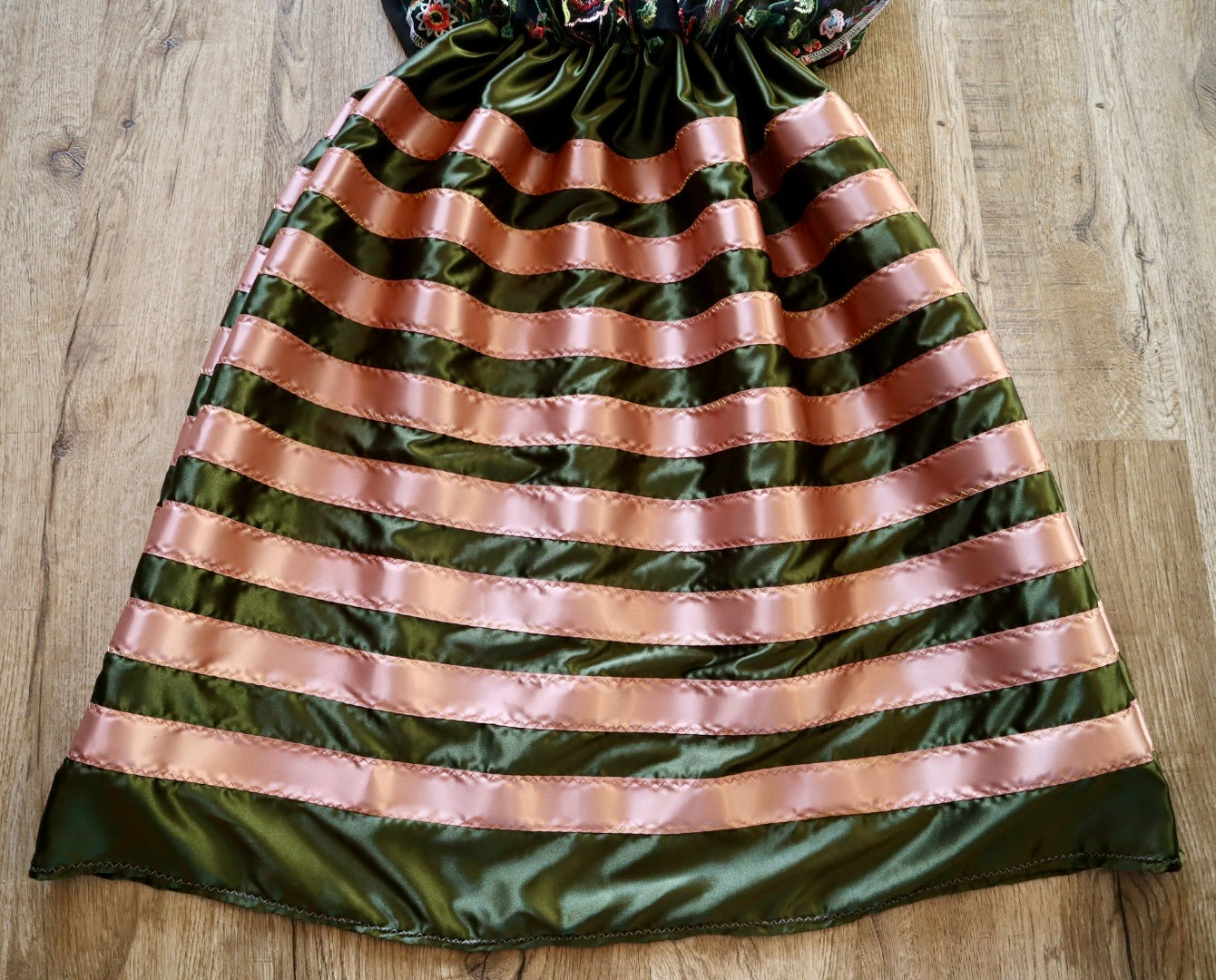 Couture Overlay Ribbon Skirt Women’s Black Embroidered Floral Lace Olive Green Satin Indigenous HandMade Clothing Custom Waist *up to 50 inches* (enter desired waist size “inches” or Dress/Pants size in order notes)