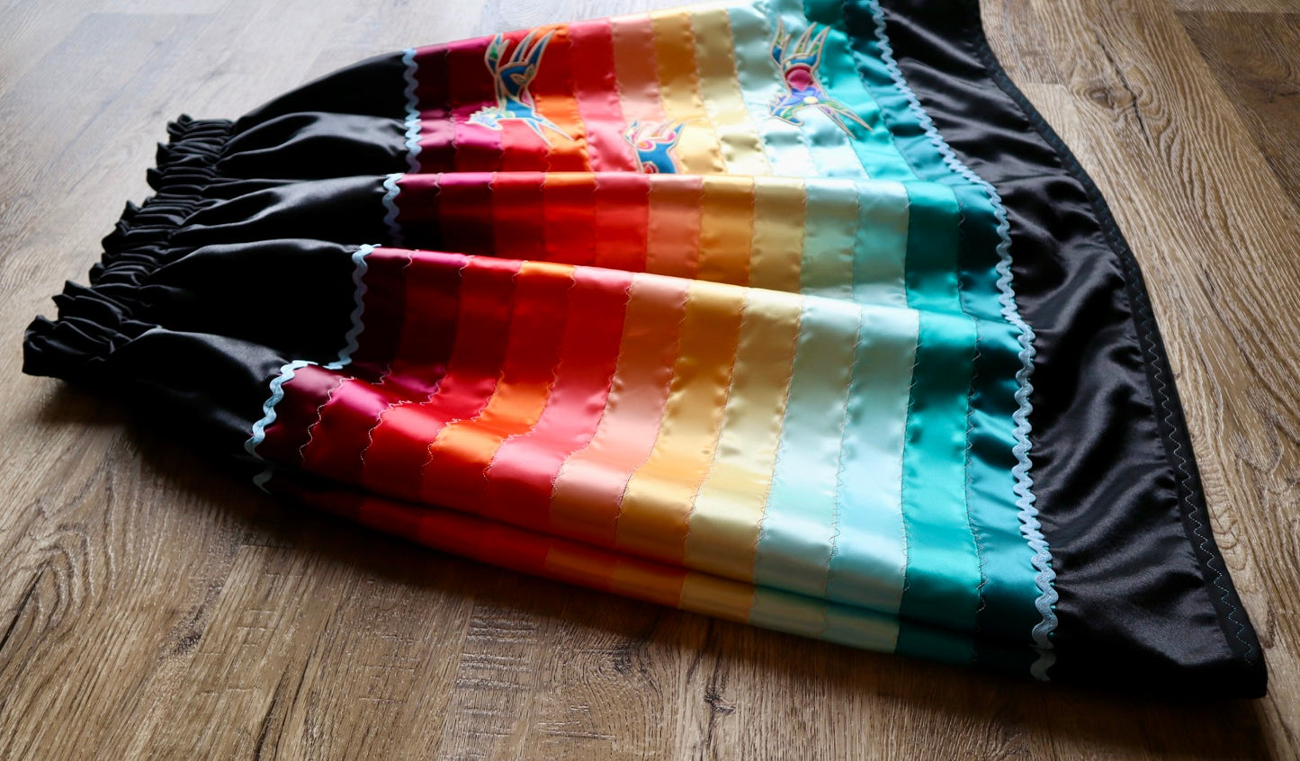 Couture Embroidered Stacked Pony Ribbon Skirt Pockets Womens Black Satin Fire Water Tones Ombre OOAK Indigenous HandMade *up to 50 inches* (enter desired sizes waist size “inches” or Dress/Pants size in order notes)