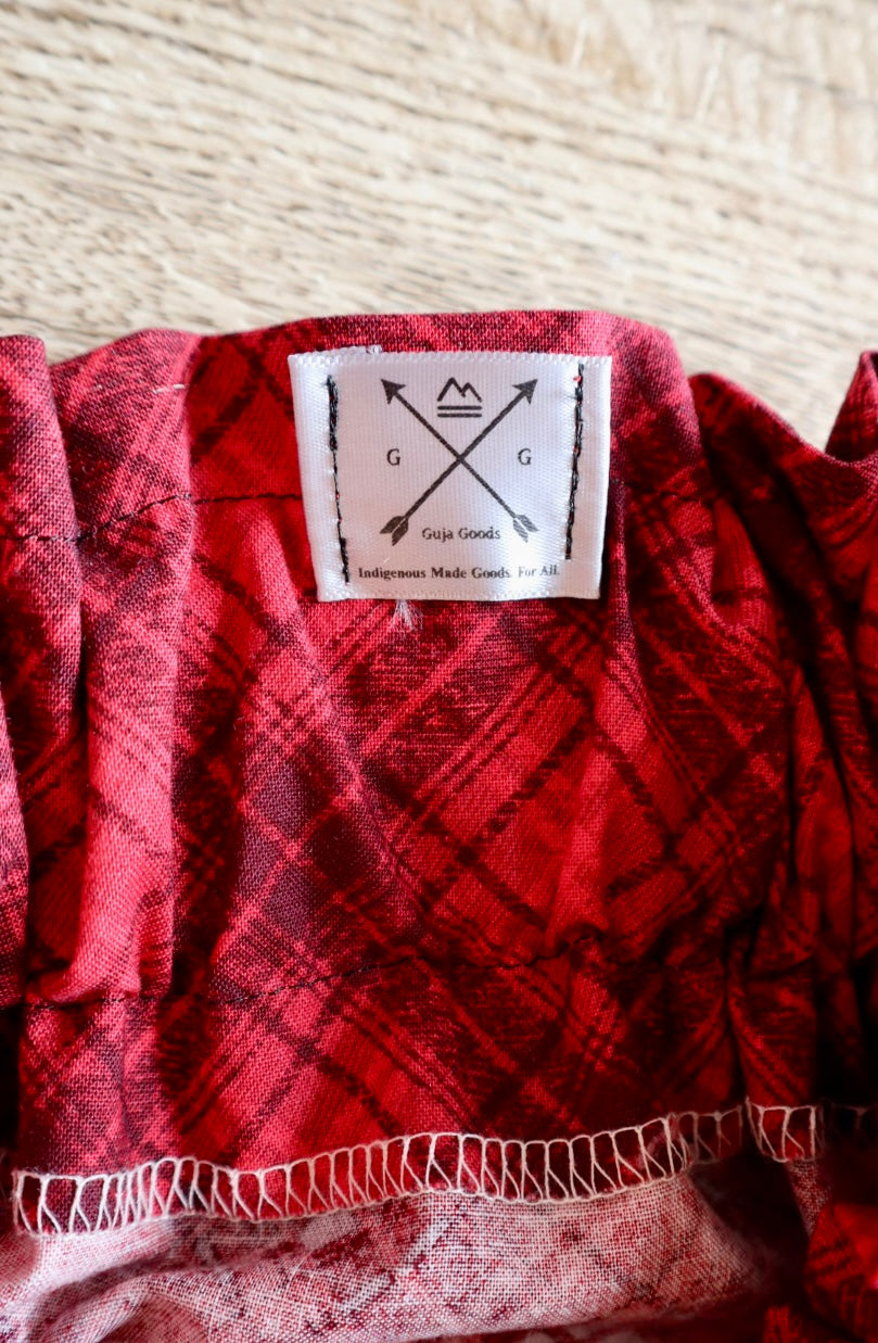 Couture Ribbon Skirt:  Red and Black Plaid Cotton with Faux Elk Teeth “Buttons”*up to 50 inches* (enter desired waist size “inches” or Dress/Pants size in order notes)