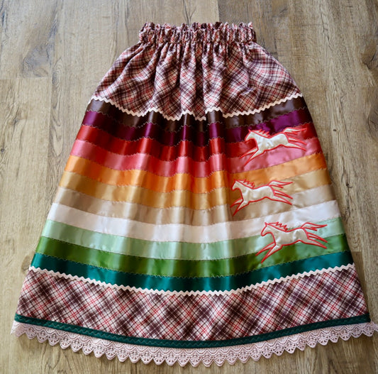 Couture Embroidered Stacked Pony Ribbon Skirt Pockets Womens Brown Plaid Cotton Earth Tones Ombre OOAK Indigenous HandMade *up to 50 inches* (enter desired sizes waist size “inches” or Dress/Pants size in order notes)