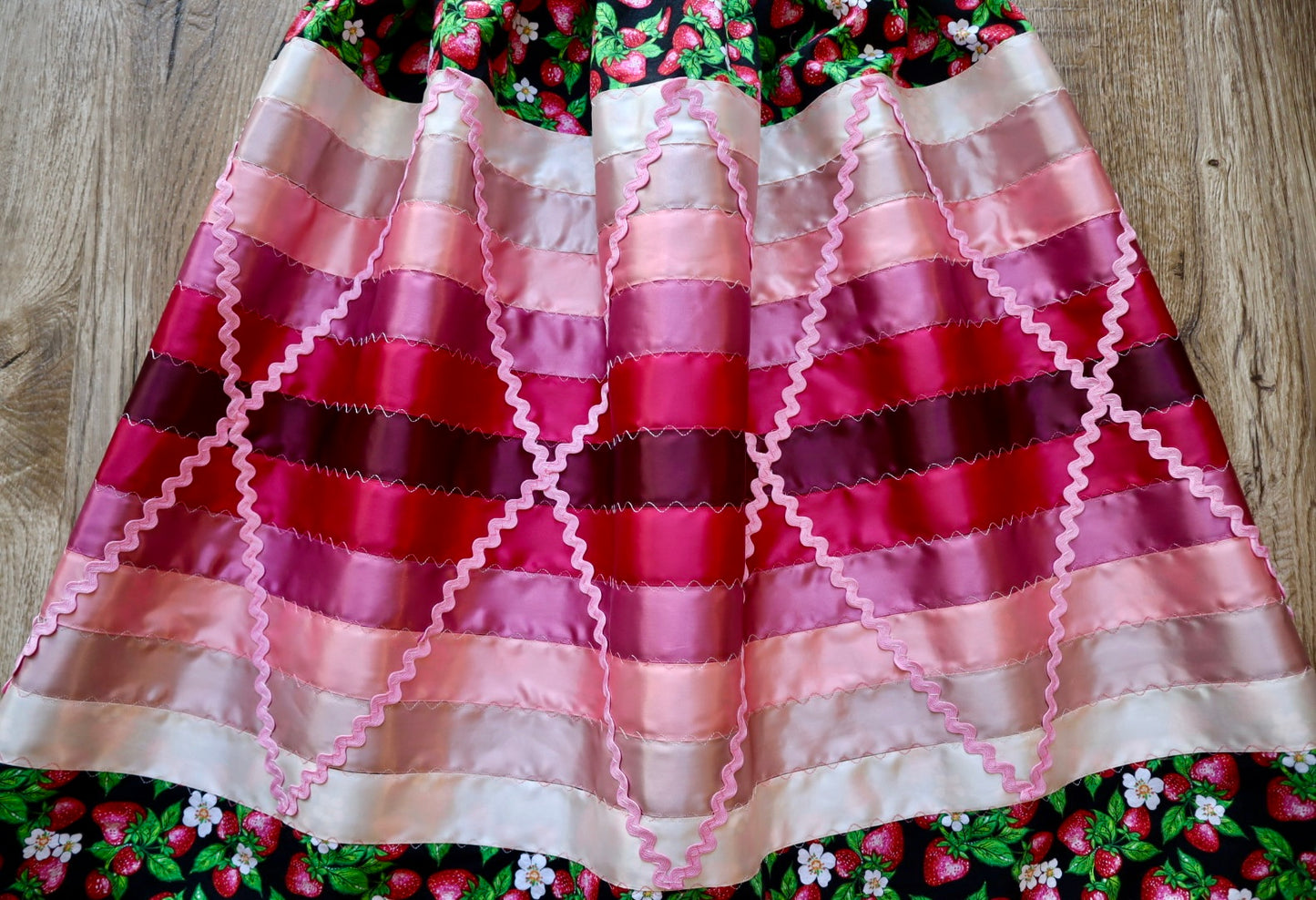 Couture Stacked Ribbon Pocket Womens RicRac Black Strawberry Floral Print Premium Cotton Cream Ombre OOAK Indigenous HandMade CustomWaist *up to 50 inches* (enter desired sizes waist size “inches” or Dress/Pants size in order notes)