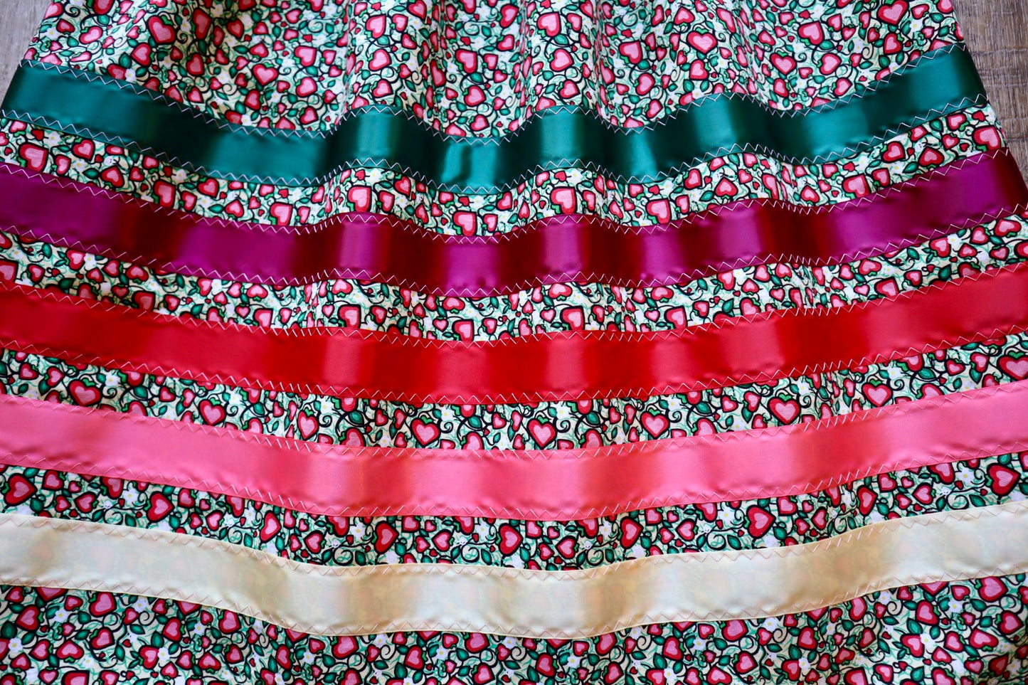 Handmade Ceremony, Casual Ribbon Skirt: Green to Yellow Ombre, Heart Berry Indigenous Floral Print, Custom Waist *up to 50 inches* (enter desired sizes waist size “inches” or Dress/Pants size in order notes)