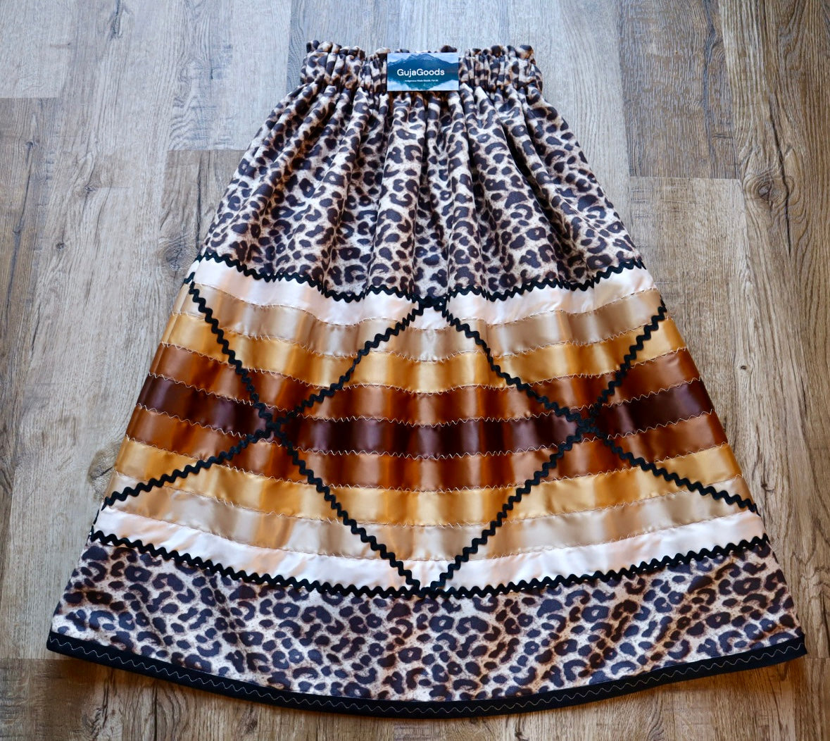 Couture Stacked Ribbon Skirt Pockets Womens Leopard Print White Gold Ombre Ric Rac OOAK Indigenous HandMade *up to 50 inches* (enter desired sizes waist size “inches” or Dress/Pants size in order notes)