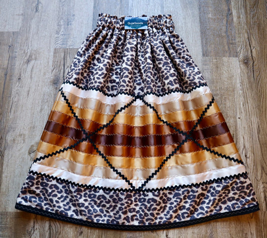 Couture Stacked Ribbon Skirt Pockets Womens Leopard Print White Gold Ombre Ric Rac OOAK Indigenous HandMade *up to 50 inches* (enter desired sizes waist size “inches” or Dress/Pants size in order notes)