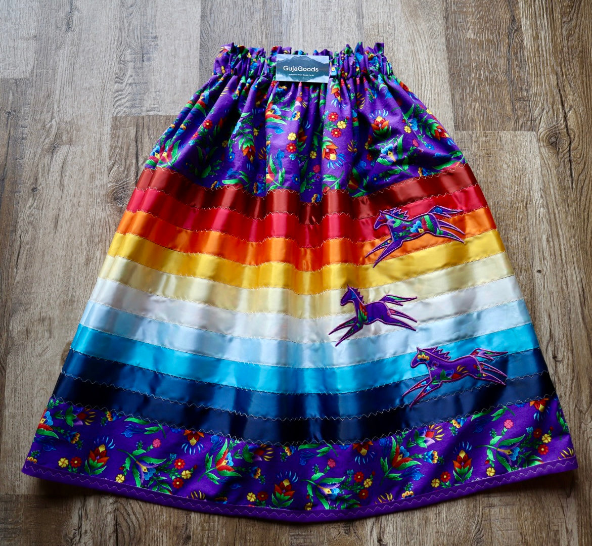 Couture Embroidered Stacked Pony Ribbon Skirt Pockets Womens Purple Floral Cotton Fire Water Ombre OOAK Indigenous HandMade *up to 50-53 inches* (enter desired sizes waist size “inches” or Dress/Pants size in order notes)