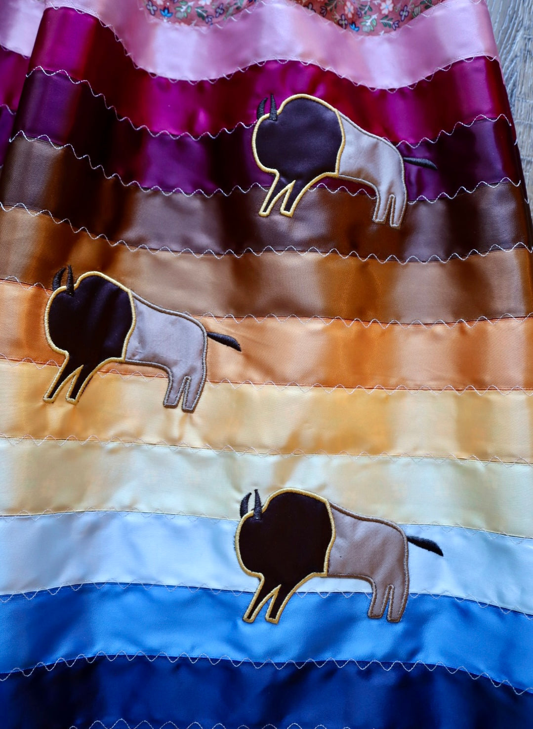 Couture Embroidered Stacked Bison Ribbon Skirt Pockets Womens Clay Floral Cotton Pink to Blue Ombre OOAK Indigenous HandMade *up to 50 inches* (enter desired sizes waist size “inches” or Dress/Pants size in order notes)