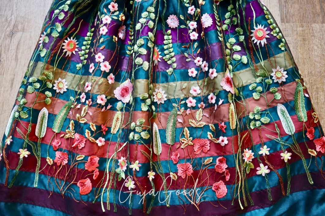 Couture Embroidered Black Floral Lace Ribbon Skirt, Handmade Turquoise Satin Overlay *up to 50 inches* (enter desired sizes waist size “inches” or Dress/Pants size in order notes)