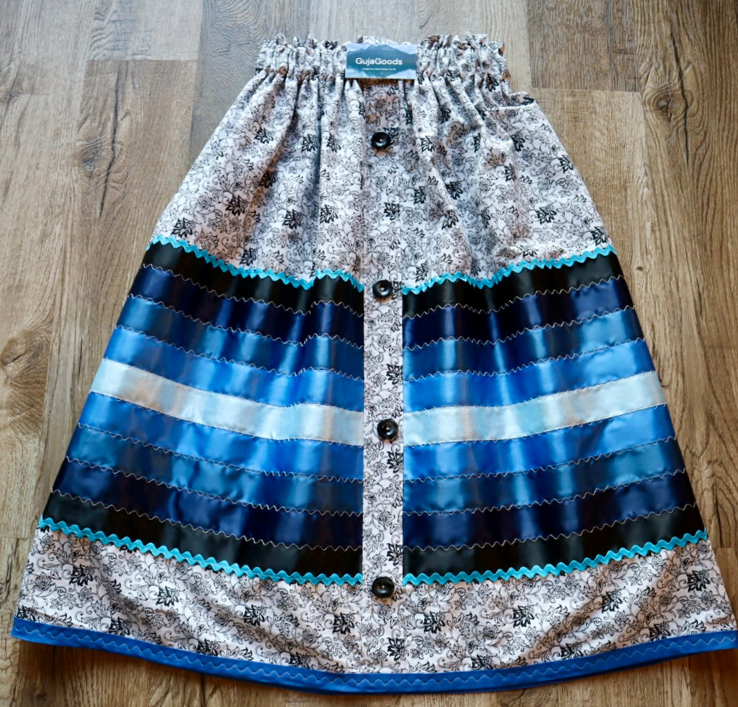Couture Stacked Ribbon Skirt: Black and White Floral Cotton with Buttons *up to 50 inches* (enter desired sizes waist size “inches” or Dress/Pants size in order notes)