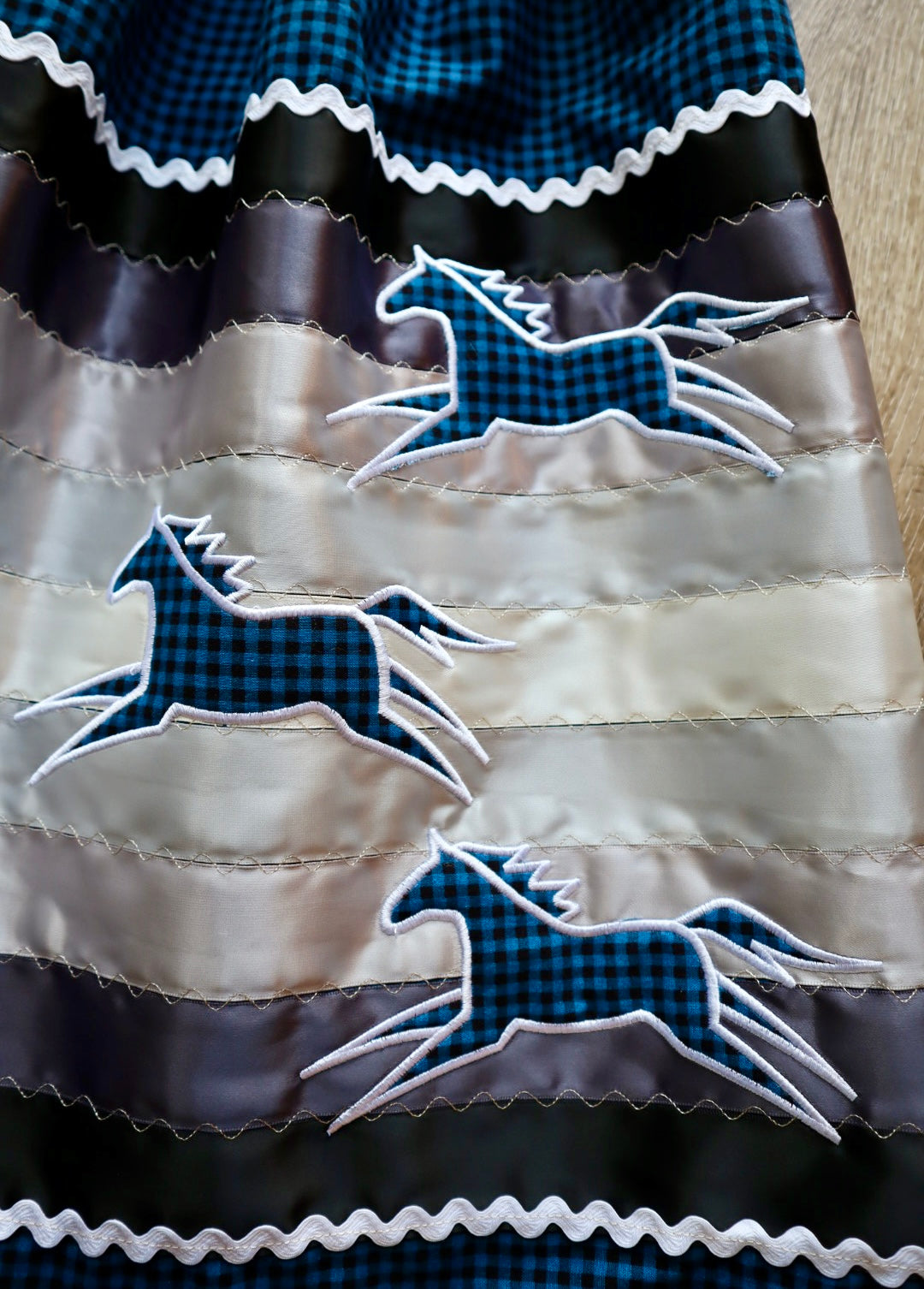 Couture Embroidered Stacked Pony Ribbon Skirt Pockets Womens Blue Gingham Cotton Black Ombre OOAK Indigenous HandMade *up to 50 inches* (enter desired sizes waist size “inches” or Dress/Pants size in order notes)