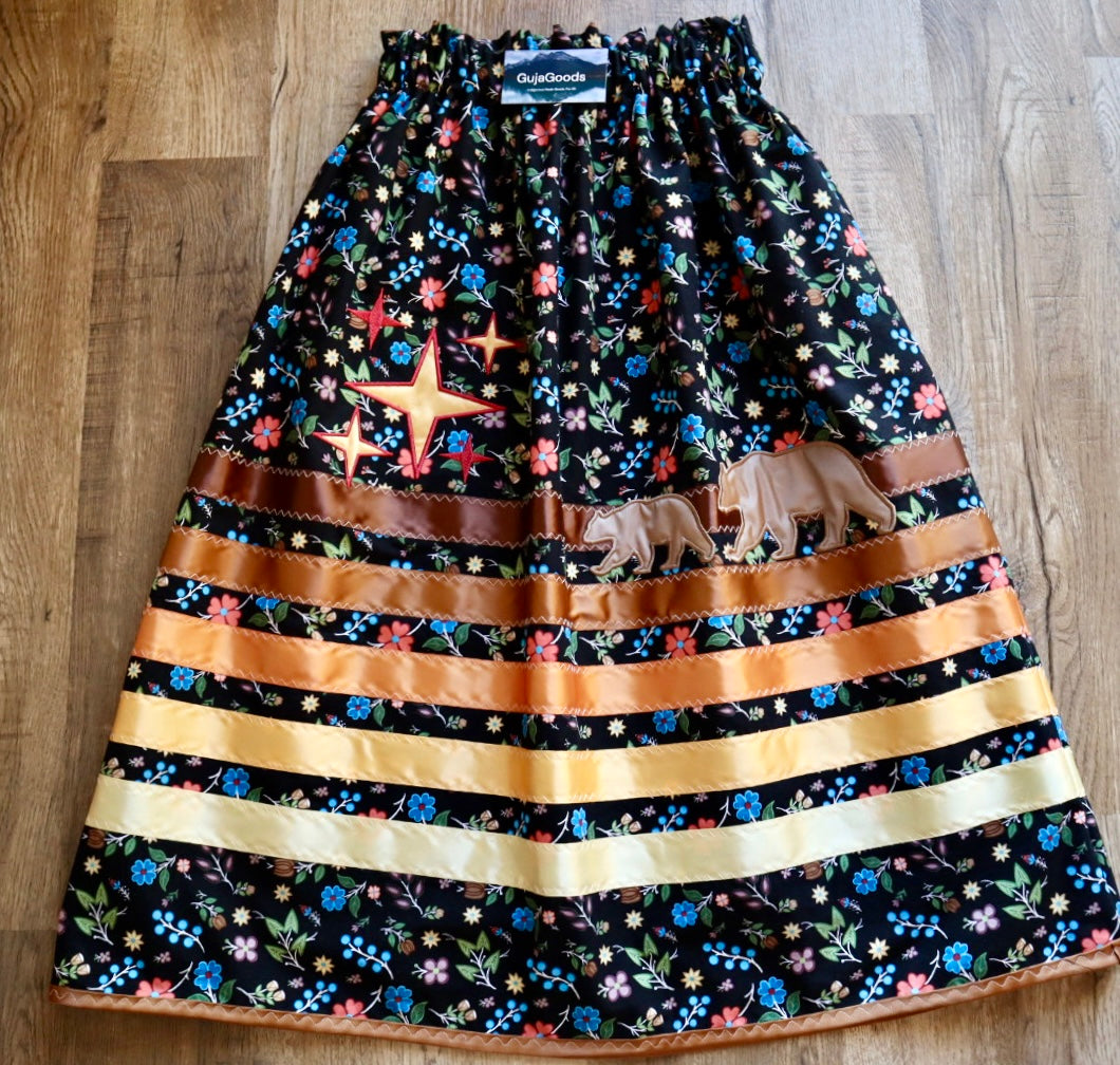 Couture Embroidered Star & Bear Ribbon Skirt Pockets Womens Black Floral Cotton Brown to Gold Ombre OOAK Indigenous HandMade *up to 50 inches* (enter desired sizes waist size “inches” or Dress/Pants size in order notes)