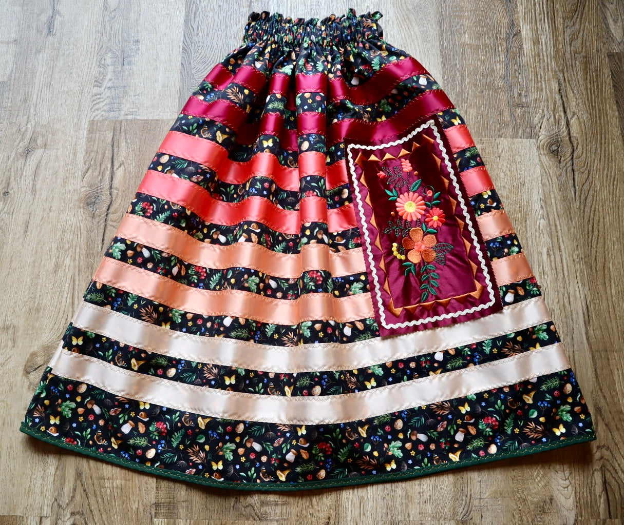Couture Embroidered Ribbon Skirt Pockets Women’s Black Woods Floral Peach Ombre Premium Cotton OOAK Indigenous HandMade Clothing CustomWaist *up to 50 inches* (enter desired waist size “inches” or Dress/Pants size in order notes)