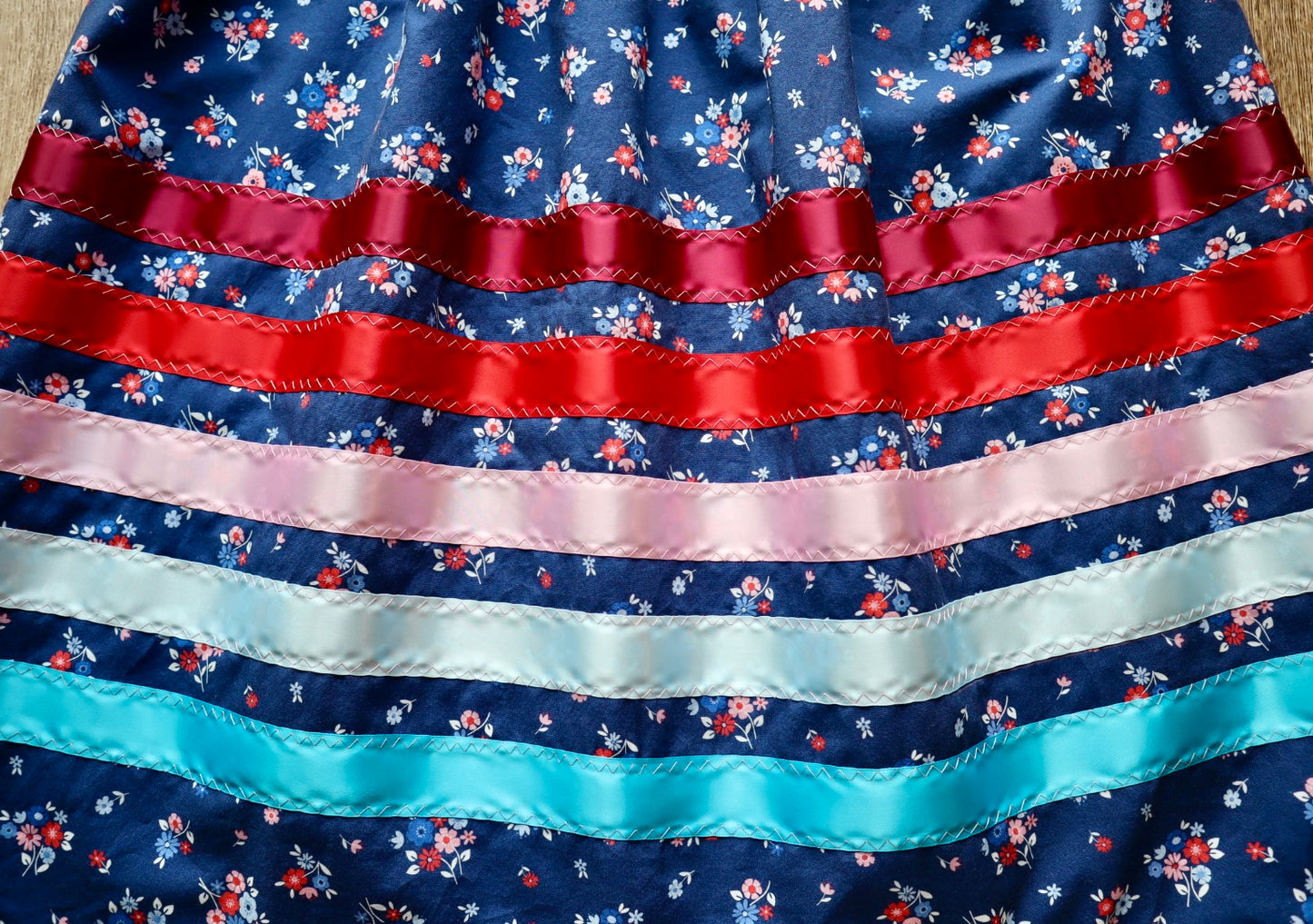 Handmade Ceremony, Casual Ribbon Skirt: Blue to Red Ombre, Blue Floral Print, Custom Waist *up to 50 inches* (enter desired sizes waist size “inches” or Dress/Pants size in order notes)