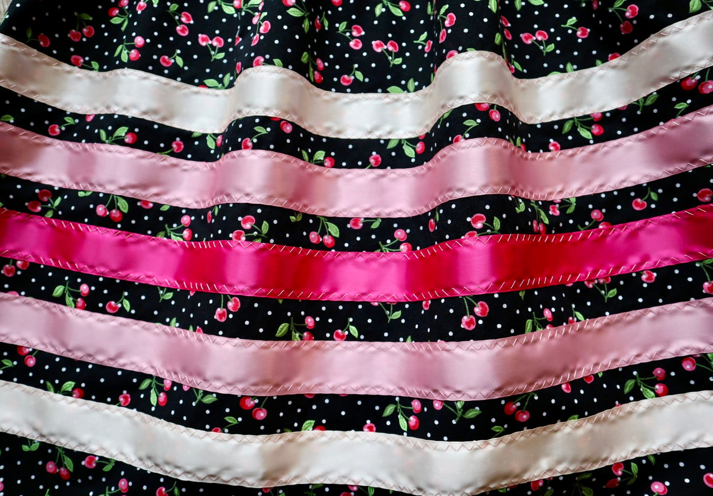 Handmade Ceremony, Casual Ribbon Skirt: Ivory to Pink Ombre, Black Cherry Print, Custom Waist *up to 50 inches* (enter desired sizes waist size “inches” or Dress/Pants size in order notes)