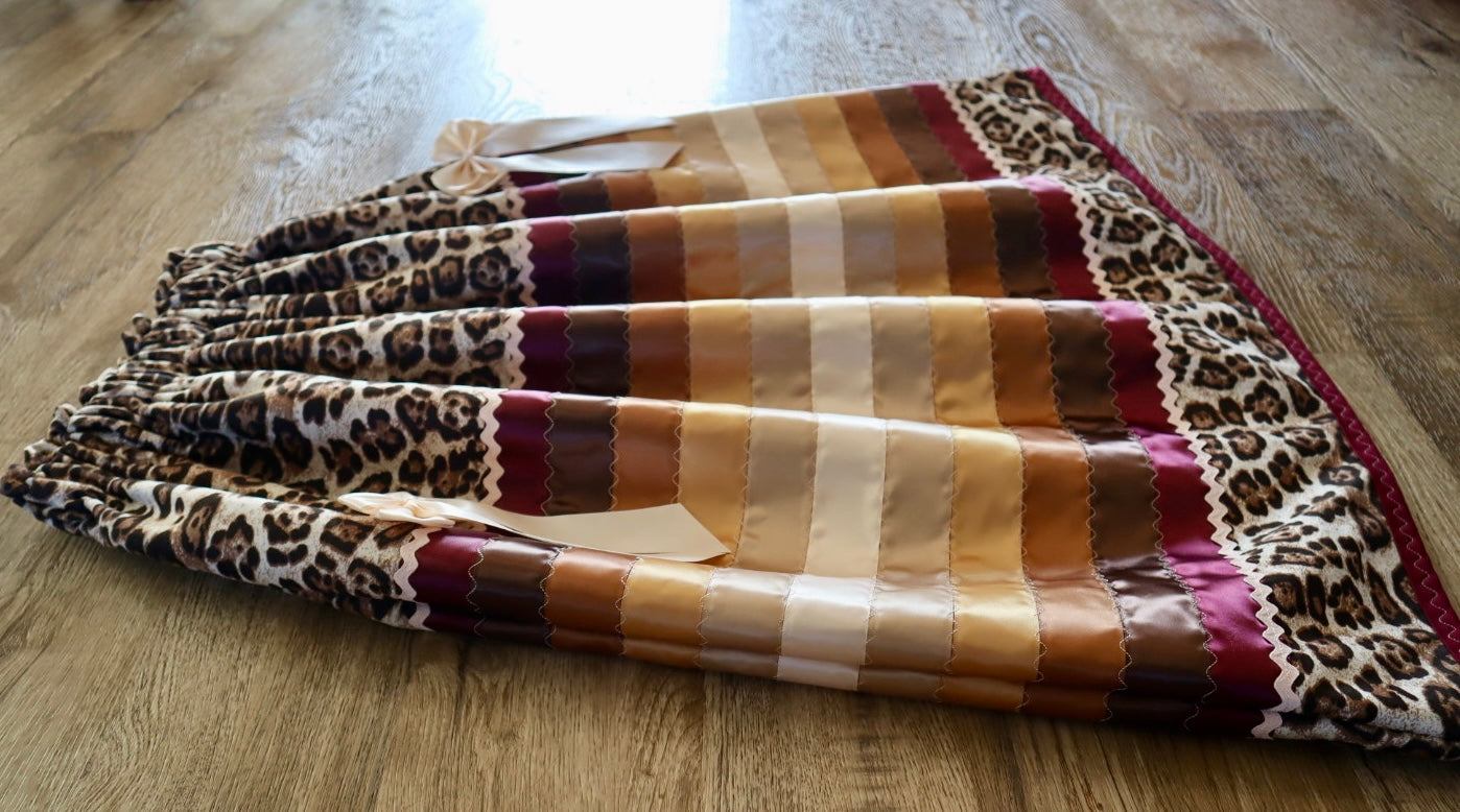 Couture Stacked Ribbon Skirt Pockets Womens Jaguar Print Maroon Gold Ombre RicRac Detachable Bows OOAK Indigenous HandMade *up to 50 inches* (enter desired sizes waist size “inches” or Dress/Pants size in order notes)