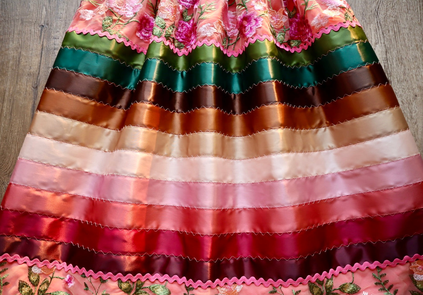 Couture Stacked Ribbon Skirt Pockets Womens Peachy Pink and Nude Lace Earth Tone Ombre RicRac Cotton OOAK Indigenous HandMade *up to 50 inches* (enter desired sizes waist size “inches” or Dress/Pants size in order notes)