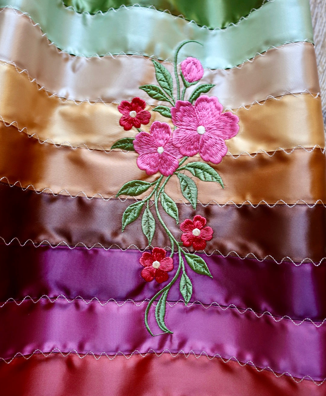 Couture Embroidered Floral Stacked Ribbon Skirt Pockets Womens Red Satin Earth Tones Ombre OOAK Indigenous HandMade *up to 50 inches* (enter desired sizes waist size “inches” or Dress/Pants size in order notes)