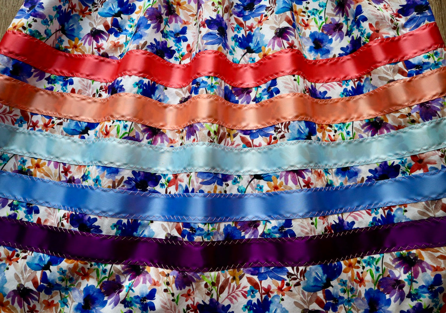 Handmade Ceremony, Casual Ribbon Skirt: Blue to Peach Ombre, Blue Floral Print, Custom Waist *up to 50 inches* (enter desired sizes waist size “inches” or Dress/Pants size in order notes)
