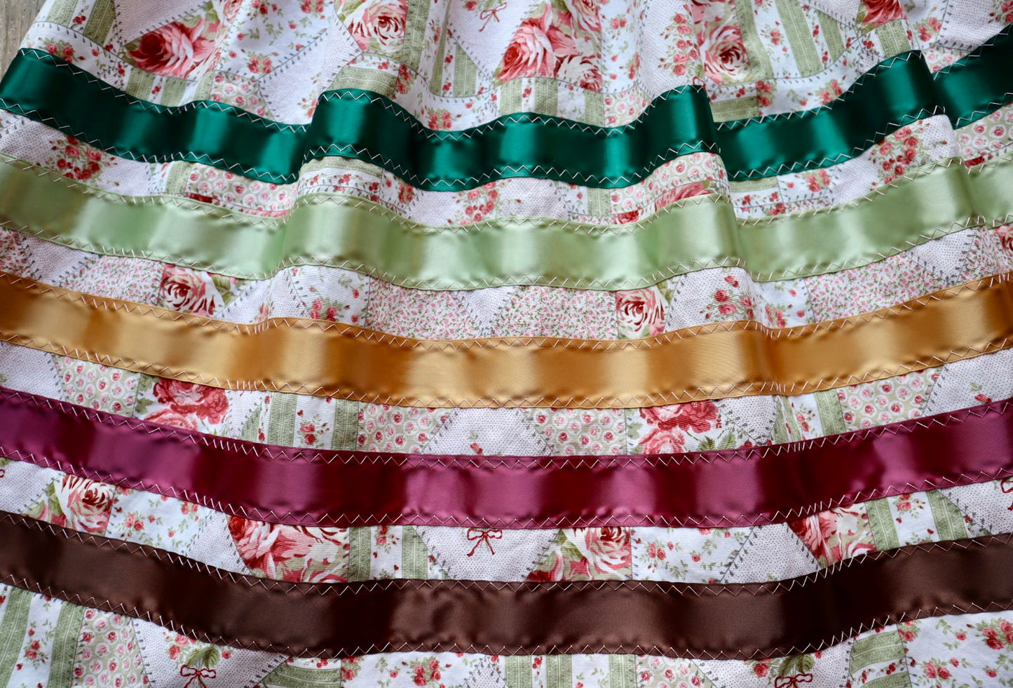 Handmade Ceremony, Casual Ribbon Skirt: Earth Tone Ombre, Quilt Floral Print, Custom Waist *up to 50 inches* (enter desired sizes waist size “inches” or Dress/Pants size in order notes)