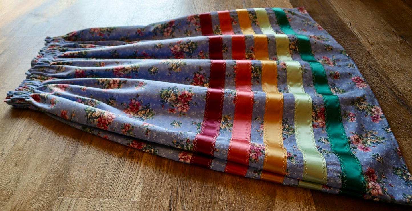 Handmade Ceremony, Casual Ribbon Skirt: Earth Tones, Blue Floral Print, Custom Waist *up to 50 inches* (enter desired sizes waist size “inches” or Dress/Pants size in order notes)
