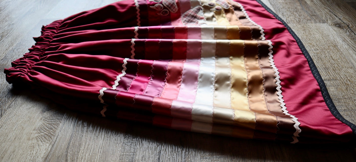 Couture Embroidered Stacked Bear & Bearpaw Ribbon Skirt Pockets Womens Maroon Satin Earth Tones Ombre OOAK Indigenous HandMade *up to 50 inches* (enter desired sizes waist size “inches” or Dress/Pants size in order notes)