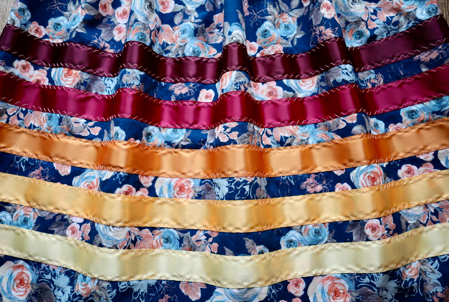 Handmade Ceremony, Casual Ribbon Skirt: Maroon to Gold Ombre, Blue Rose Floral Print, Custom Waist *up to 50 inches* (enter desired sizes waist size “inches” or Dress/Pants size in order notes)