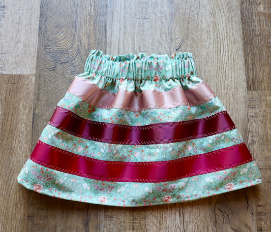 Handmade Infant Ribbon Skirt, Size 9M-18M  Pink Ombre Sage Green Floral Print Premium Cotton, OOAK Indigenous Made Clothing