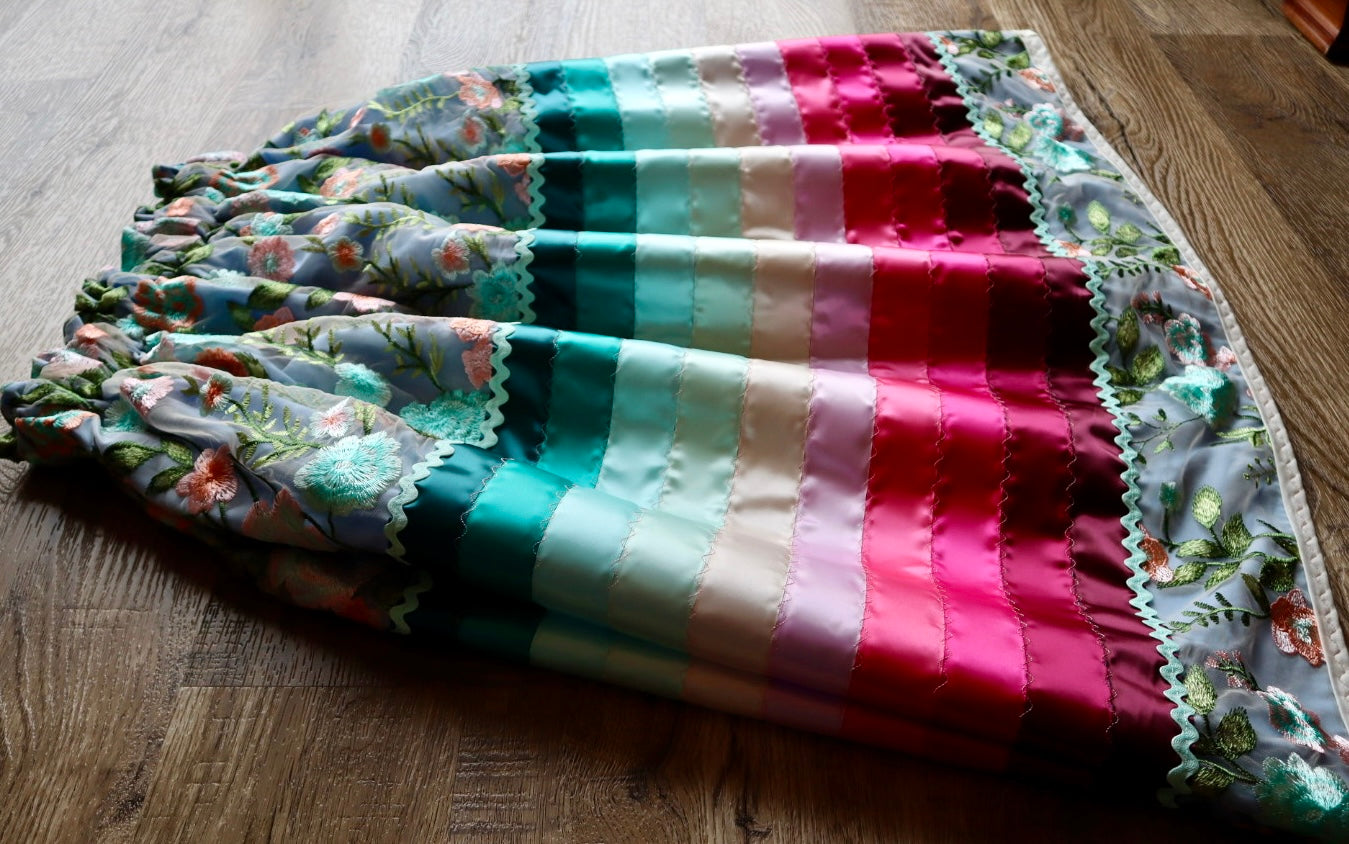 Couture Stacked Ribbon Skirt Pockets Womens Floral Lace Turquoise Pink Tone Ombre RicRac Cotton OOAK Indigenous HandMade *up to 50 inches* (enter desired sizes waist size “inches” or Dress/Pants size in order notes)