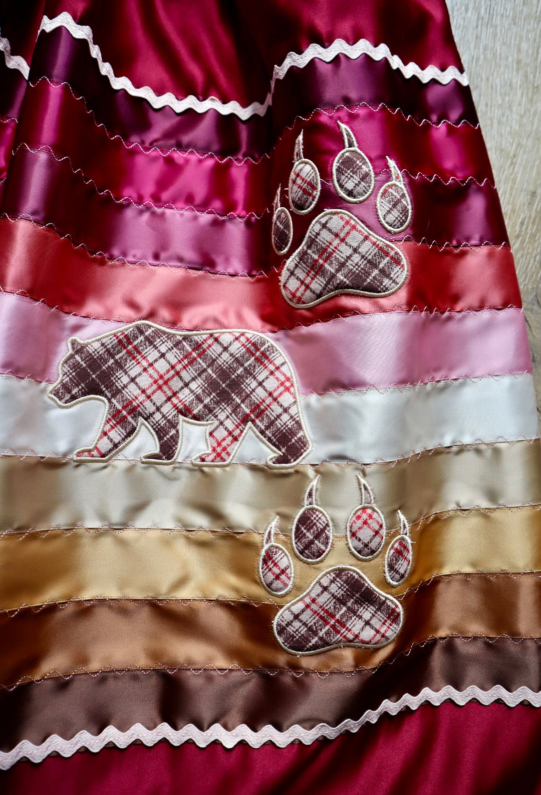 Couture Embroidered Stacked Bear & Bearpaw Ribbon Skirt Pockets Womens Maroon Satin Earth Tones Ombre OOAK Indigenous HandMade *up to 50 inches* (enter desired sizes waist size “inches” or Dress/Pants size in order notes)