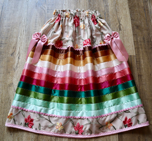 Couture Stacked Ribbon Skirt Pockets Womens Pink and Nude Lace Earth Tone Ombre RicRac Premium Cotton Detachable Bows OOAK Indigenous HandMade *up to 50 inches* (enter desired sizes waist size “inches” or Dress/Pants size in order notes) (Copy)