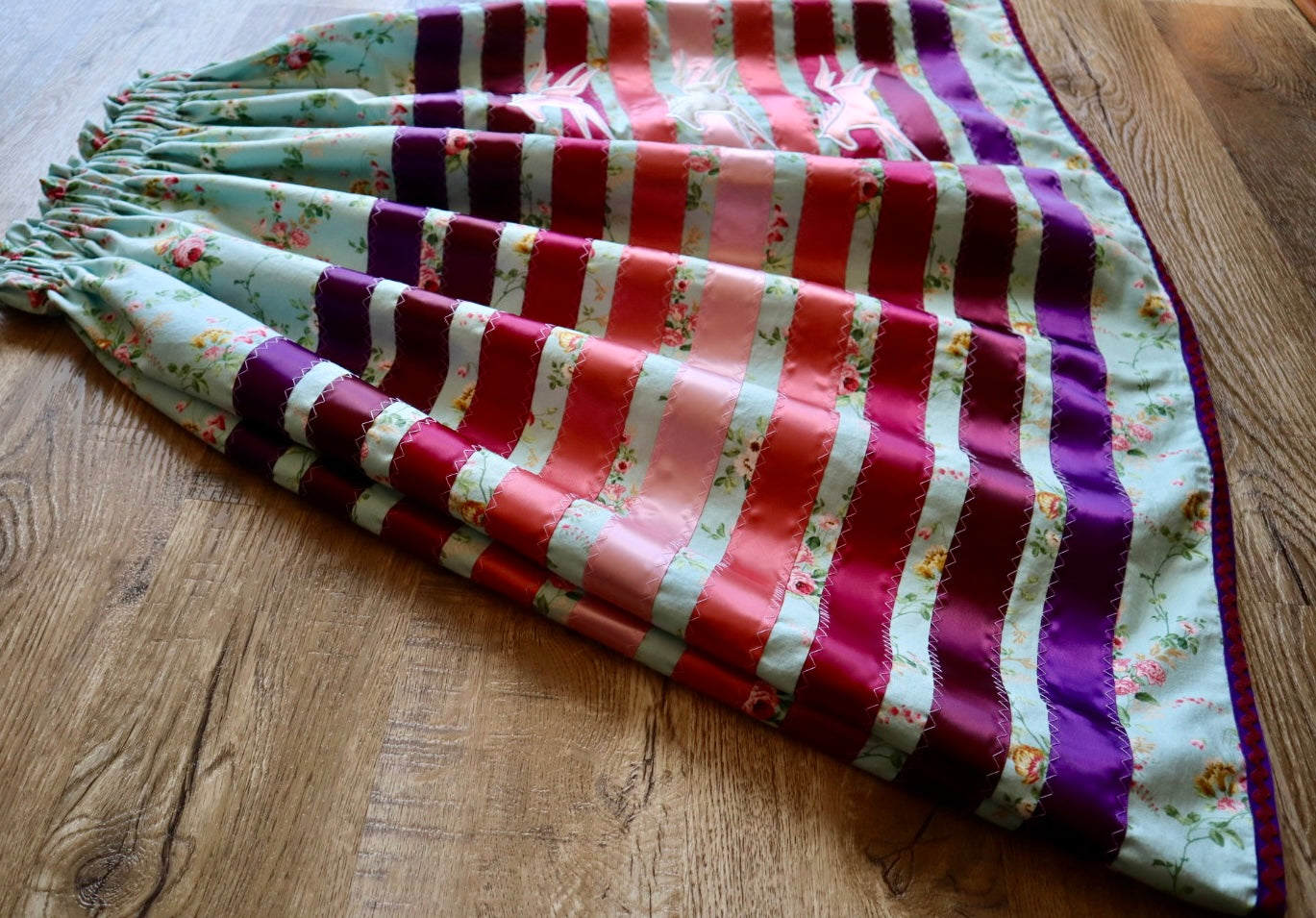 Couture Embroidered Pony Ribbon Skirt Pockets Womens Light Teal Floral Premium Cotton Plum Ombre OOAK Indigenous HandMade *up to 50 inches* (enter desired sizes waist size “inches” or Dress/Pants size in order notes)